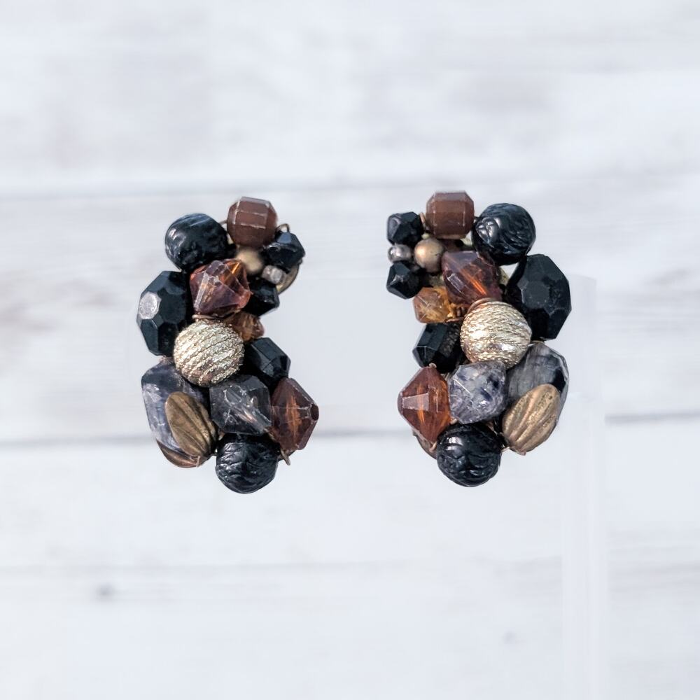 Vintage Clip On Earrings Very Large Statement Brown Tones 1.5"